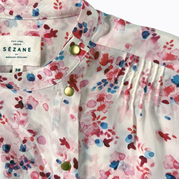 Sezane Floral Silk Blouse Shirt Sz 6/8 Asymmetrical Ballet Pink Button Up Boho - Picture 3 of 8